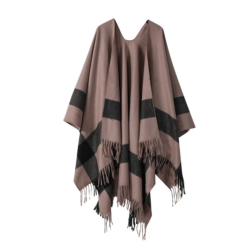 Artificial Cashmere Women\'s Shawl Printed Grid Slit Warm Double-sided Bat Shaped Knitted Cape for Autumn and Winter