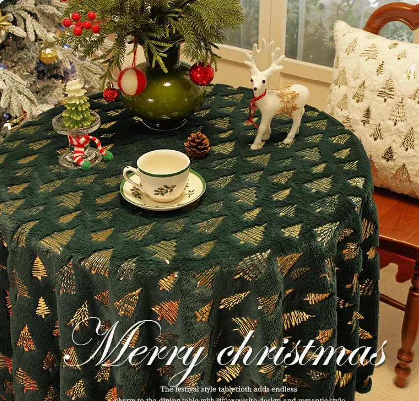 Thick Plush Christmas Tablecloth,Gold Foil Printed Holiday Table Cover for Party &Banquet,Universal Table Cloth for Round Square