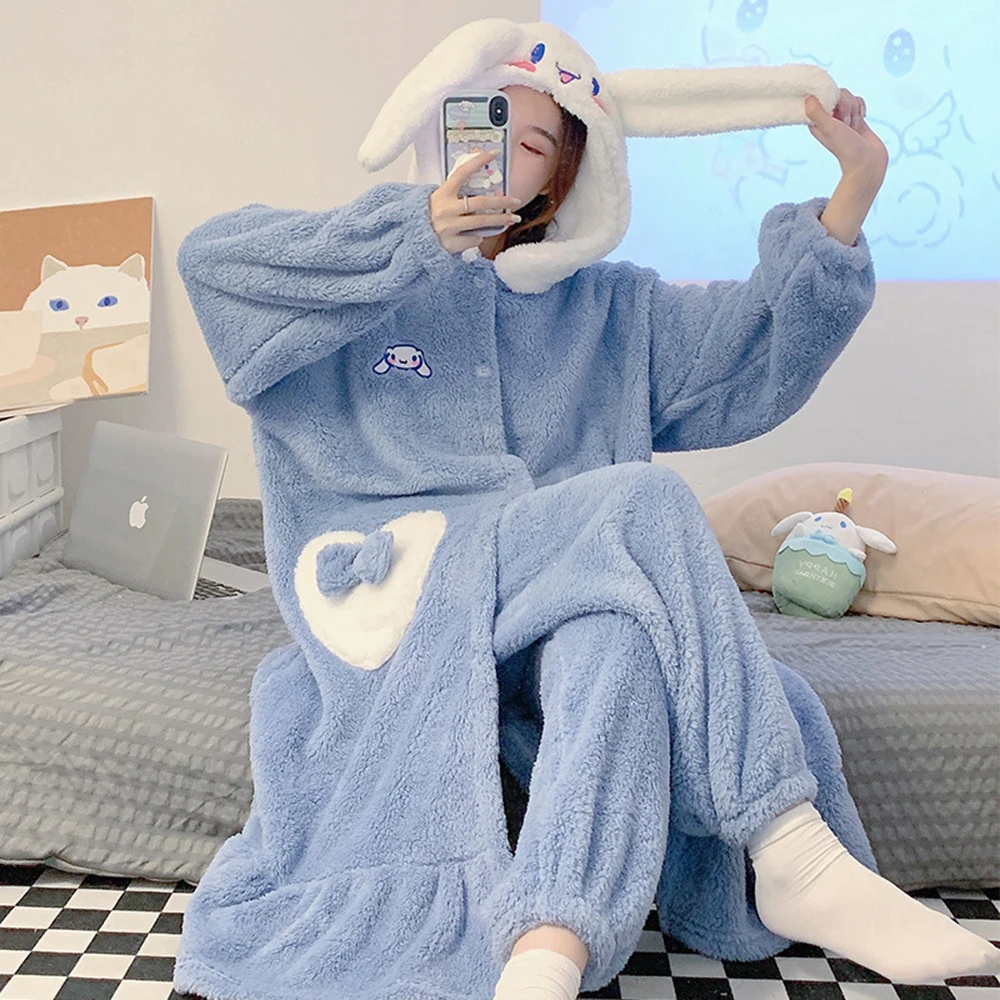 Young Women Winter Thin Nightgown Length To Shank Polyester Warm Comfortable Blue Jade Gui Dog Leisure Wear With Two Long Ears