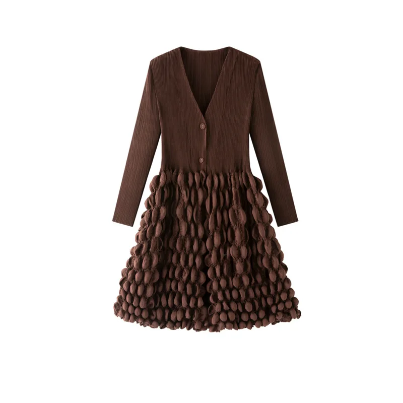 

Miyake Bubble Pleated Women Dress Solid Color V-neck Long Sleeved Loose Plus Size Retro Fashion Elegant Female Dress