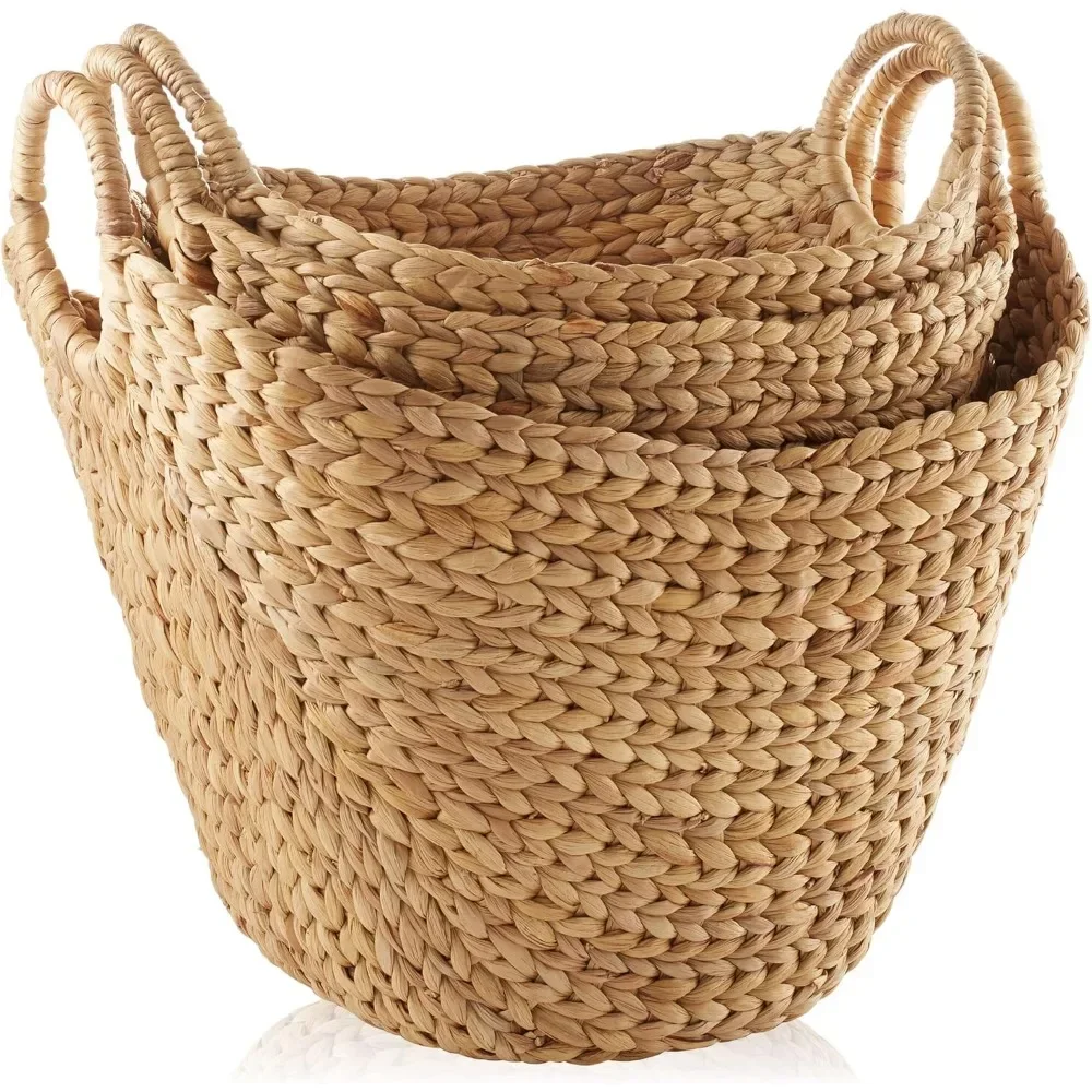 A set of 3 multi-purpose boat baskets with handles - natural woven water hyacinth storage rack