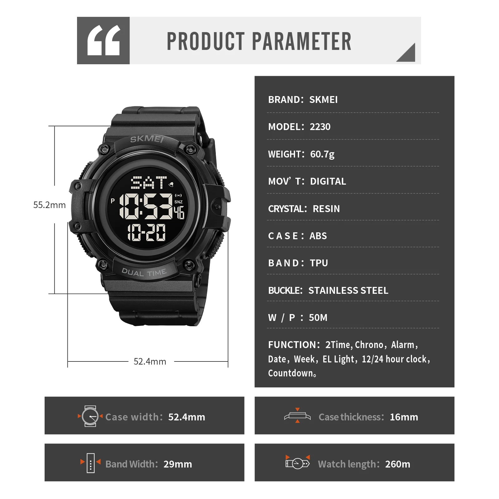 Мужские уличные спортивные электронные водонепроницаемые электронные часы для ночного видения, модель SKMEI 2230