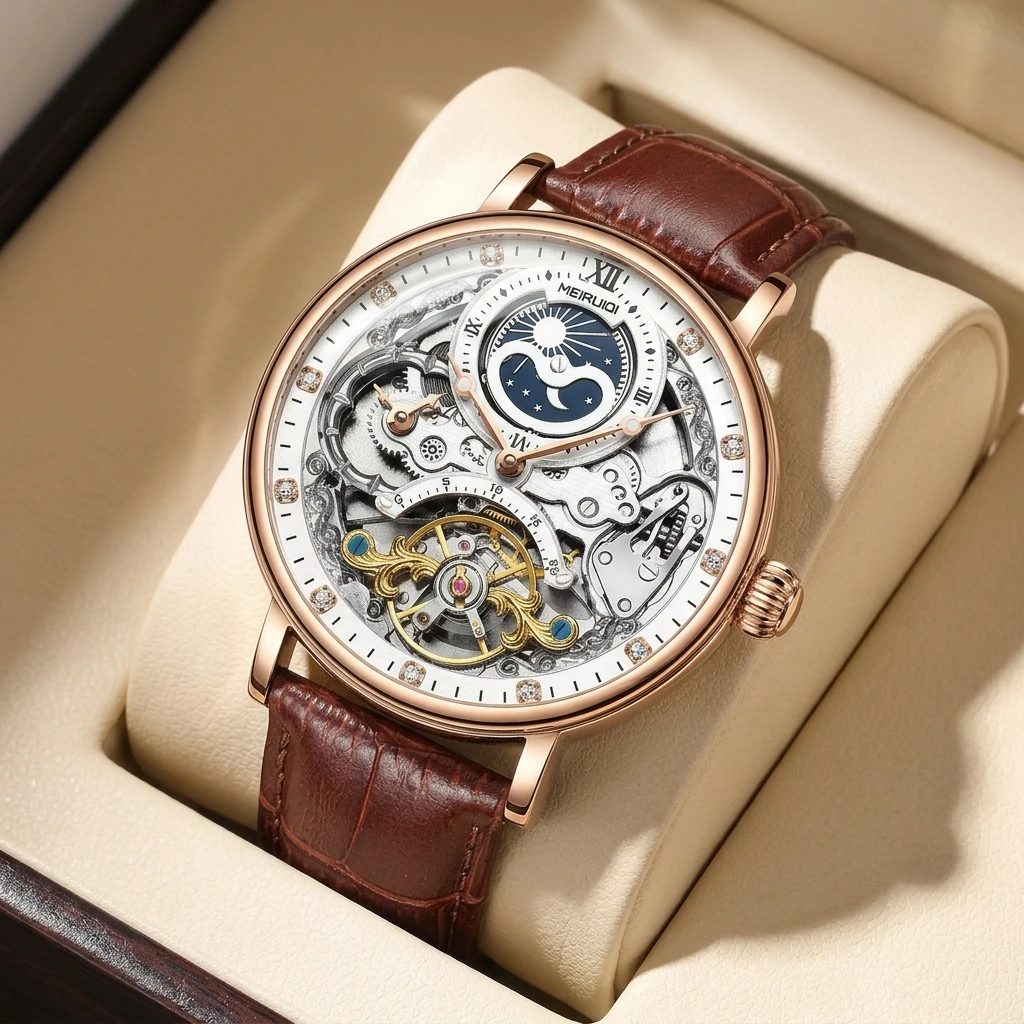 

1 piece Hollow Mechanical Watch with Moon Phase Display, Brown Leather Strap, Exquisite Dial,