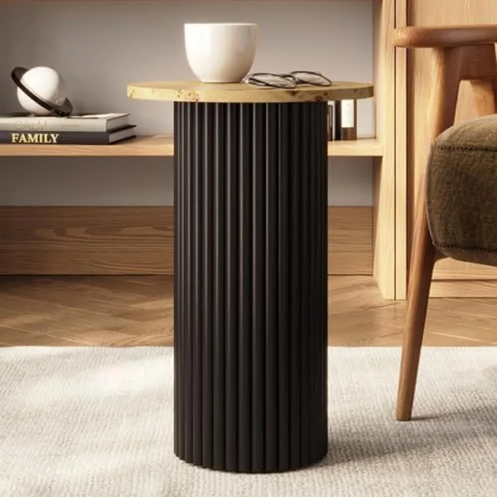 

Round Fluted Drink Table - 13 Round Top Two-Tone Burl Wood Veneer & Black Solid Oak Base - Compact Modern End Table for Living R