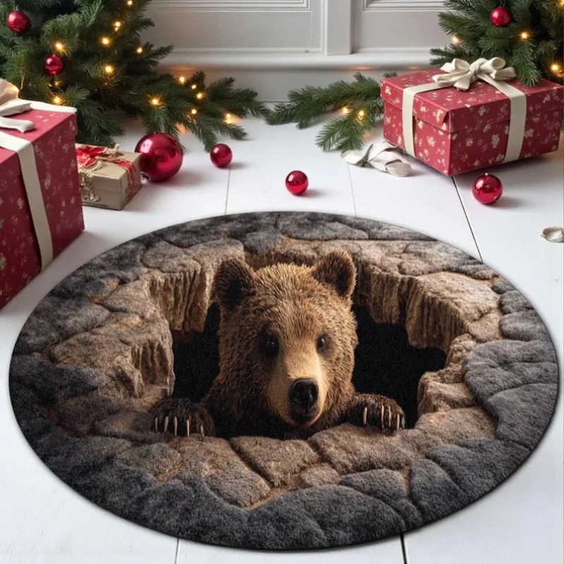 3D Bear Cave Rug Realistic Brown Bear Circle Carpet with Stone Texture An Adventurous & Artistic Floor Piece for Nature Lovers