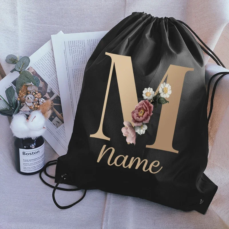 Custom Name Drawstring Pouch Gold Letter Print Backpack for Gym Men Sport Bags Women Gym Sack Custom School Bag for Girl