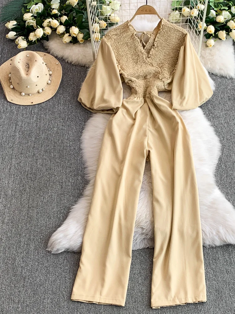 

Slimming High Waist Bubble Sve V-Ne-Piece Summer Women's Elastic Pleated Waist Cinched Wide Leg Pants Jumpsuit