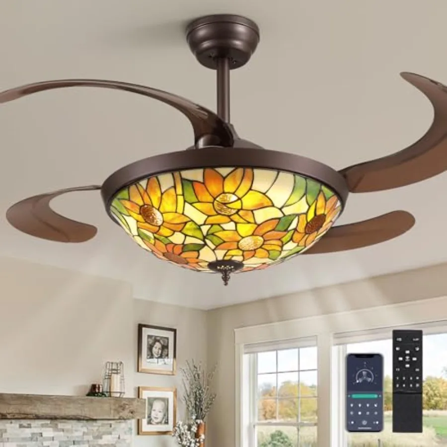 Dining/Living Room/Bedroom ceiling fan: 48-inch Tiffany-style stained glass, vintage bronze finish, dimmable light, APP/remote