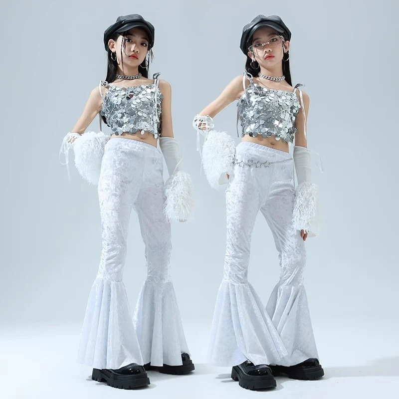 Jazz Dance Performance Silver Glitter Vest Bell Bottom Pants Hip-hop Suit Street Dance Clothes Catwalk Show Costumes DQL10080