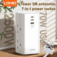 LDNIO Tower Power Strip Multi Outlets with 70W Type C 2M Extension Cable UK Plug Vertical Electric Socket Surge Protection