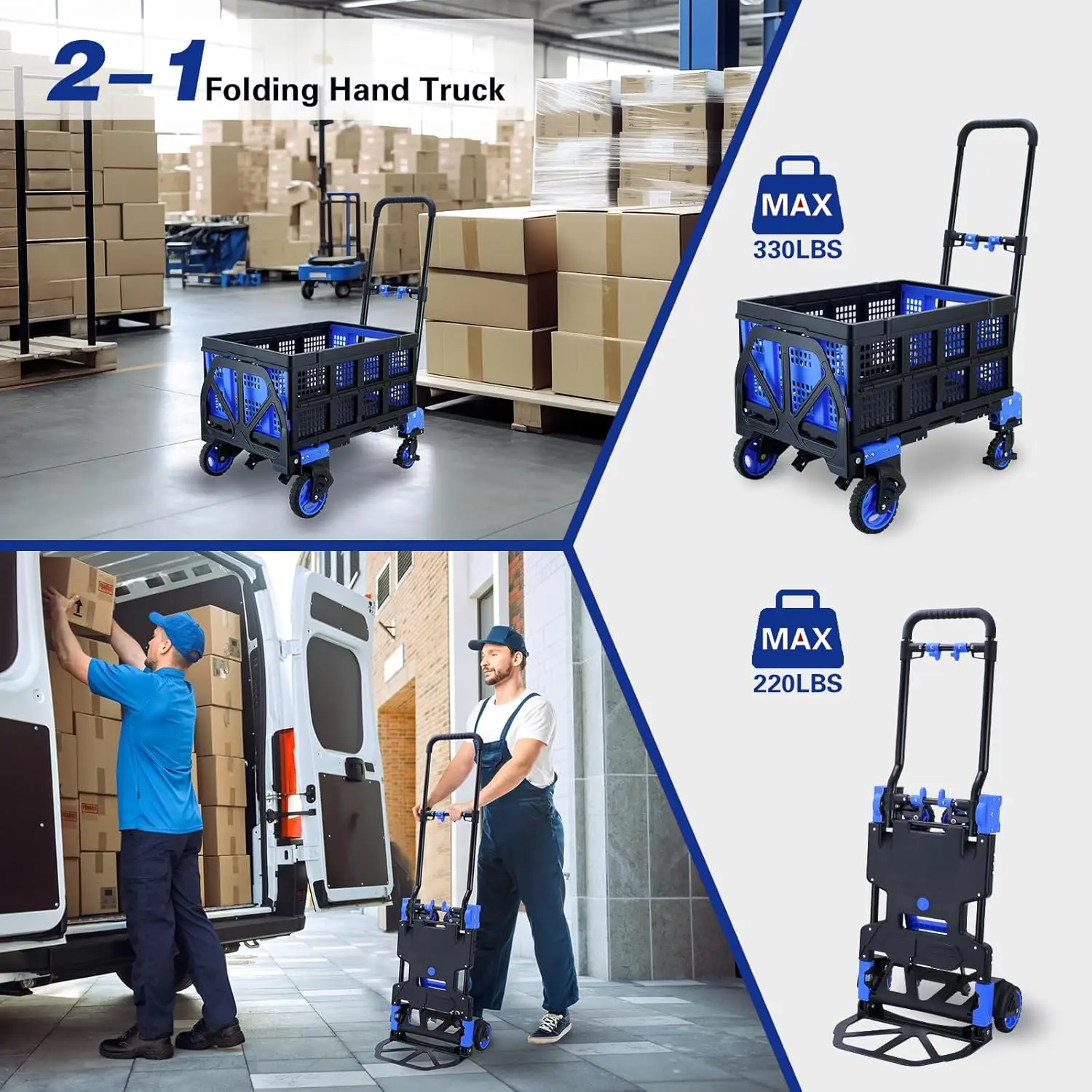 2 in 1 Platform Truck Hand Truck Foldable Dolly Push Enclosed Handcart with 4 Wheels Handtruck with Retractable Handle
