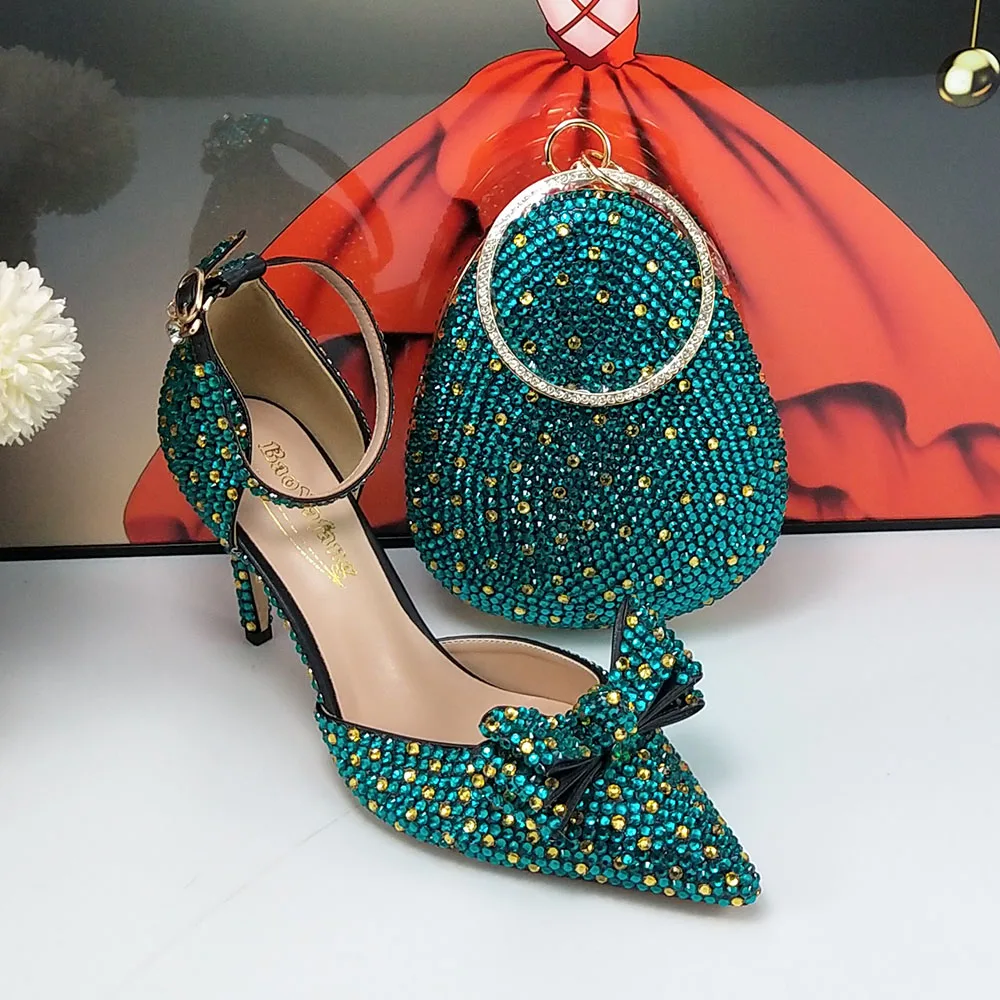 Luxury Crystal Bridal Wedding shoes and bag Woman Party Evening shoes Thin Heel High Pumps Shallow Bow-tie Teal BlueCrystal shoe