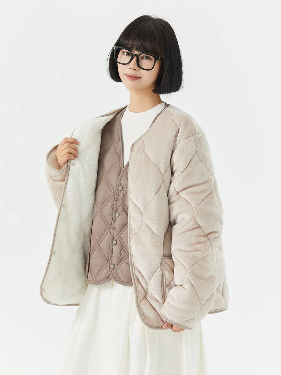 Winter Simple Fleece Coat For Women Solid Color Round Neck Thicken Velvet Jacket American Casual Fashion Quilted Warm Overcoat