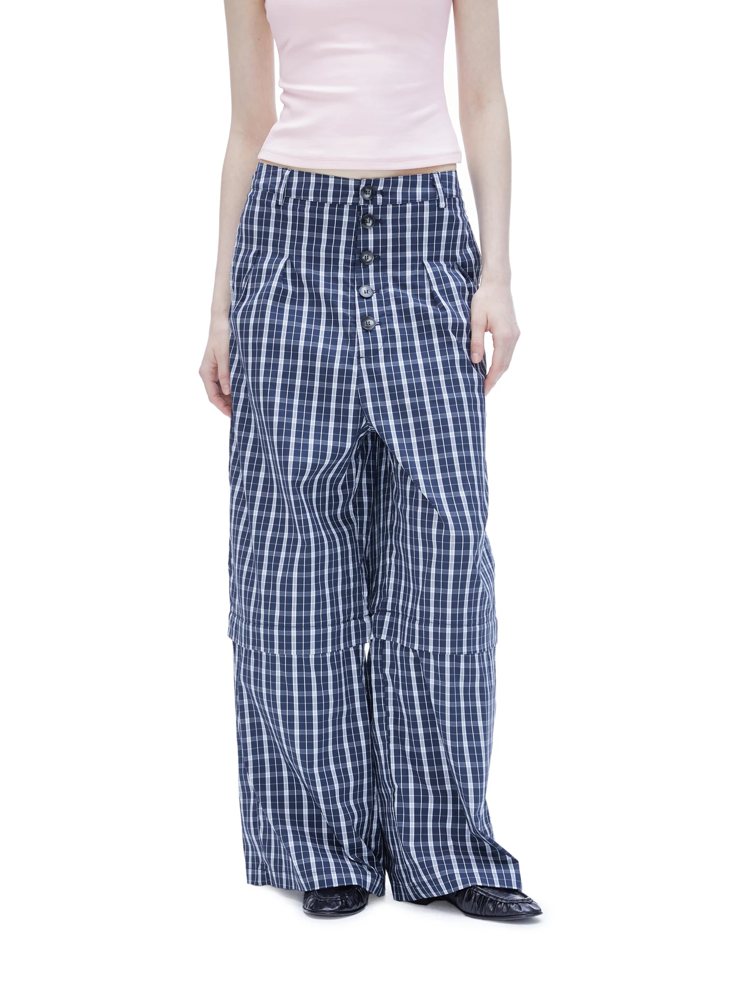 MYEAOMENT Plaid Loose Wide Leg Pants Detachable Multi-Buckled Mid-Low Waist Two-Way Wear Casual Pants Cotton Blend Comfortable