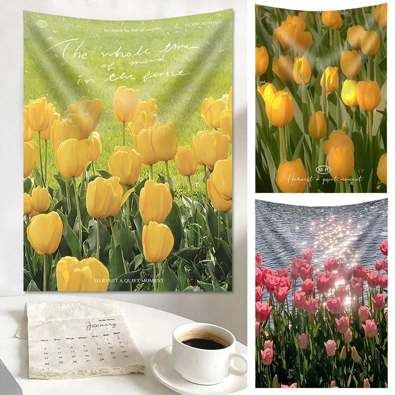 VIKAMA Wandteppich mit Tulpen-Blumenmuster, natürlicher Stil, Wandbehang, hochwertige Heimtextilien-Dekoration für Schlafzimmer, Wohnzimmer, Wohnheim