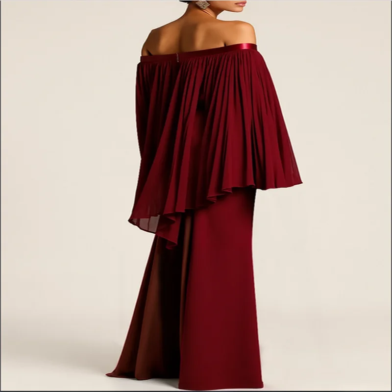 Abito da ballo in chiffon con spalle scoperte Abito da sera da donna elegante ed elegante bordeaux Abito lungo maxi festivo modesto per ragazza personalizzato