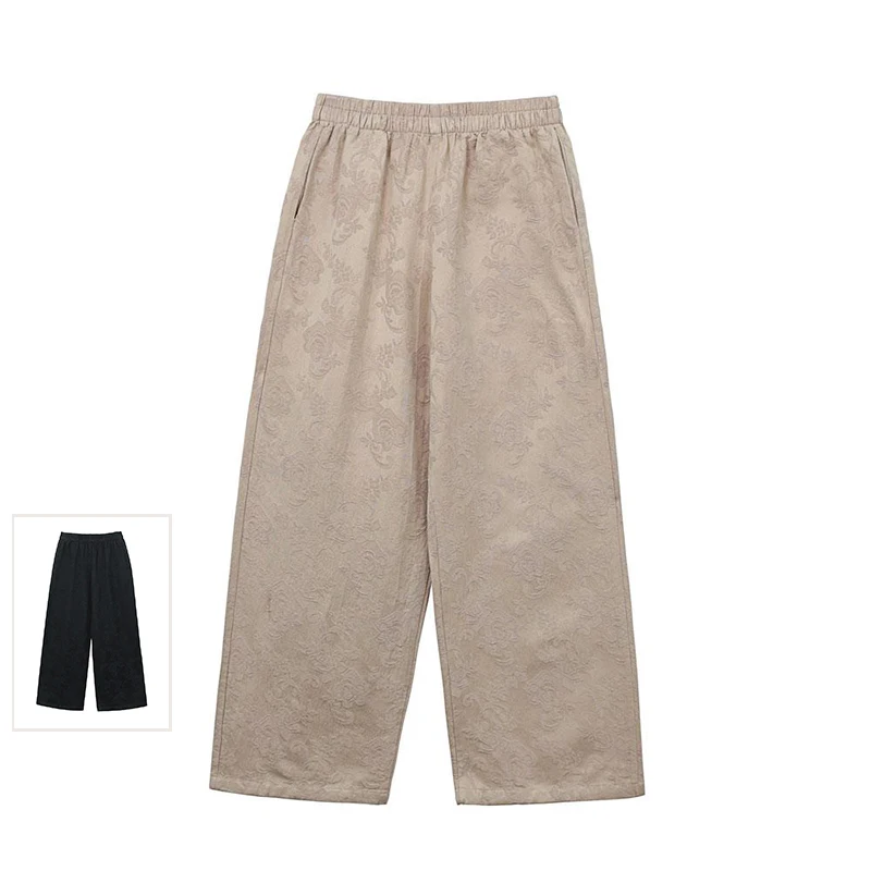 بنطلون نسائي طويل فضفاض متعدد الاستخدامات بخصر مرن، مصنوع من القطن والكتان بلون نقي مع تطريز، بتصميم مستقيم وواسع الساق، متوف...