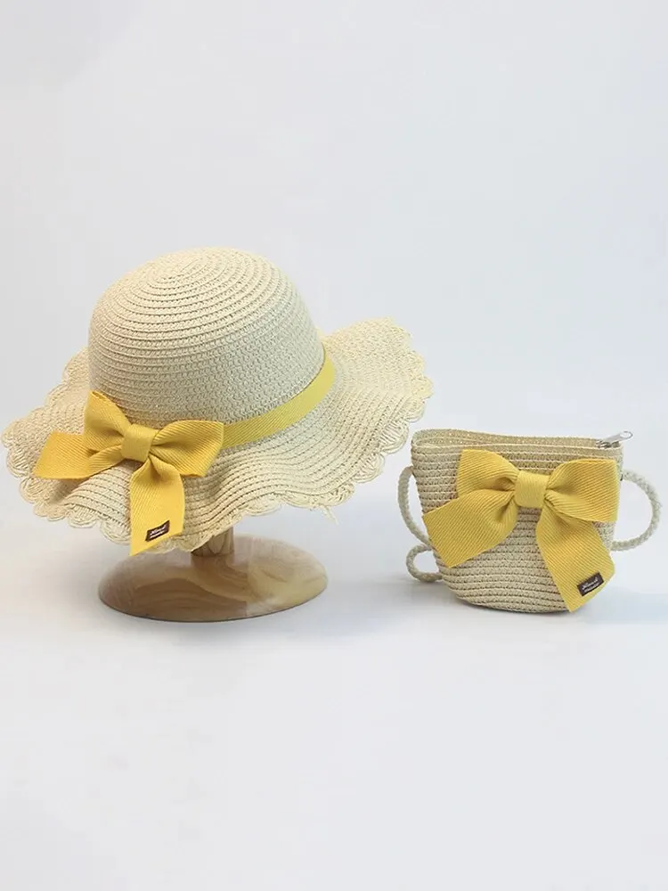 Hat And Bag Set Summer Japanese Style Bow Sweet And Cute Sunshade Sun Hat For Children