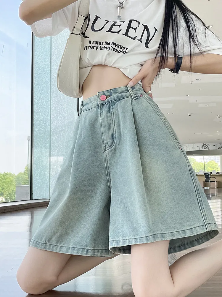 Light Blue A-Line Denim Shorts Women's High Waist Pleated Slimming Wide Leg Pants Casual Spring Summer Breathable Comfortable