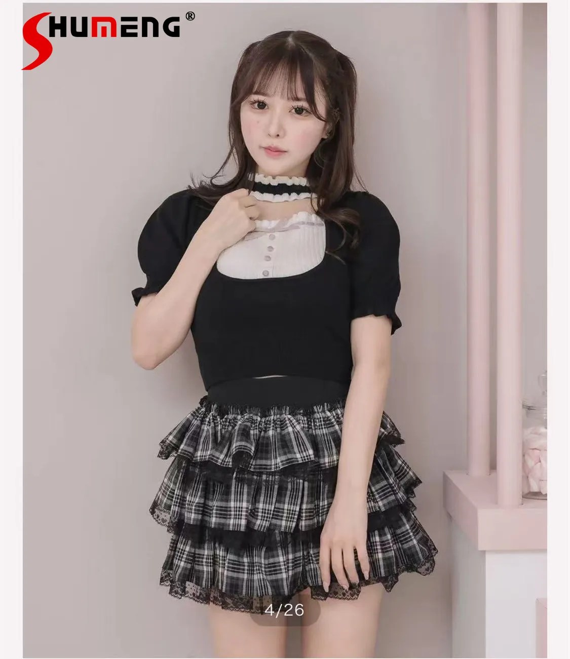 

Japanese Elegant Sweet Hollow Collar Bow Heart Button Puff Sleeves Versatile Casual Knitted T-shirts Crop Tops for Women Summer