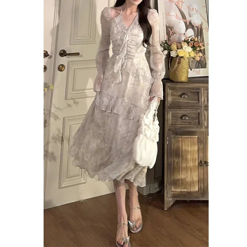 

Y2k Long Sleeve Floral Mini Dress Woman Beach Elegant Short Party Dress Casual Vintage Print Dresses Korea Fashion Ruffles Robe