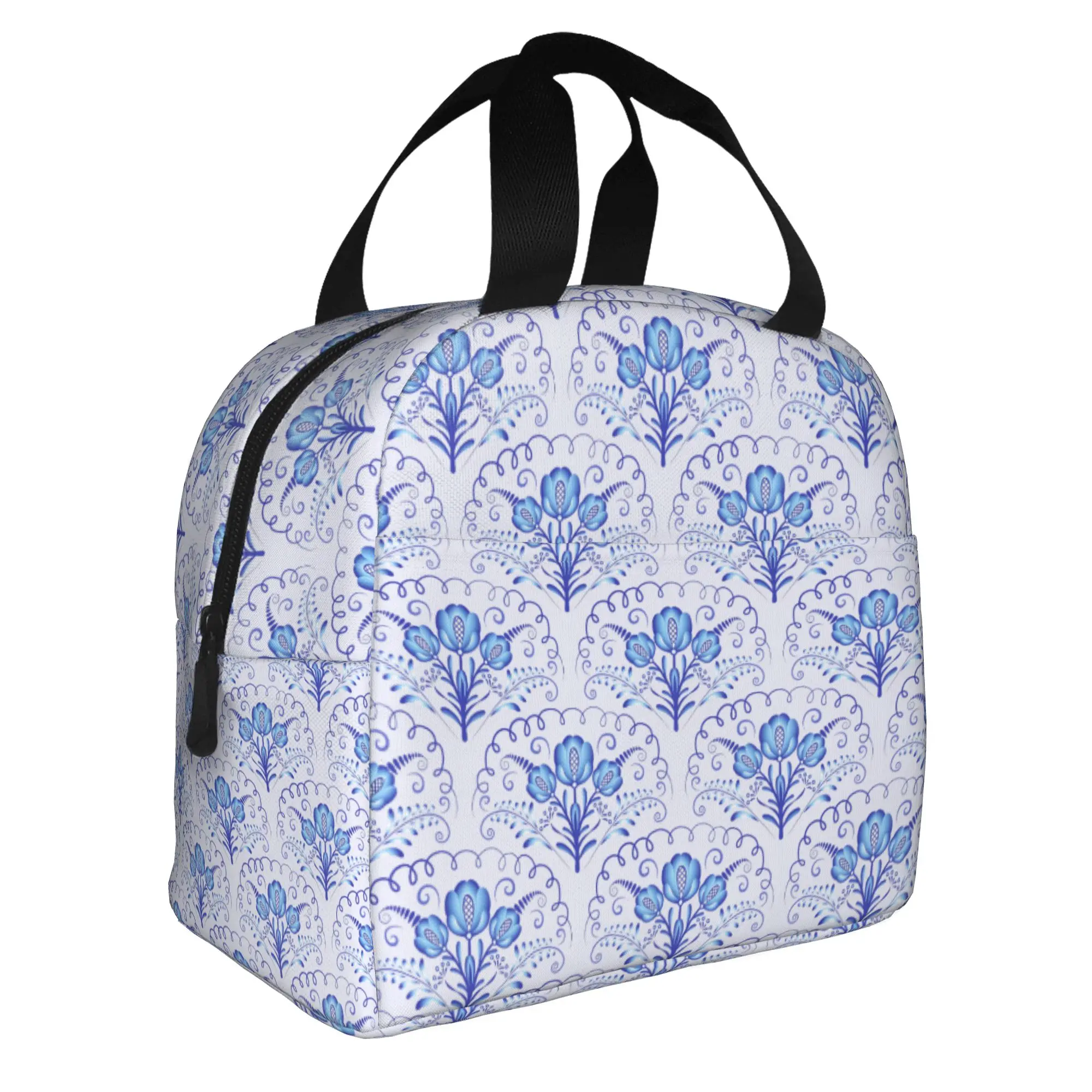 Nordic Scandinavian Style Florals Insulated Lunch Bag for Work School Folk Art Resuable Cooler Thermal Lunch Box Women Men