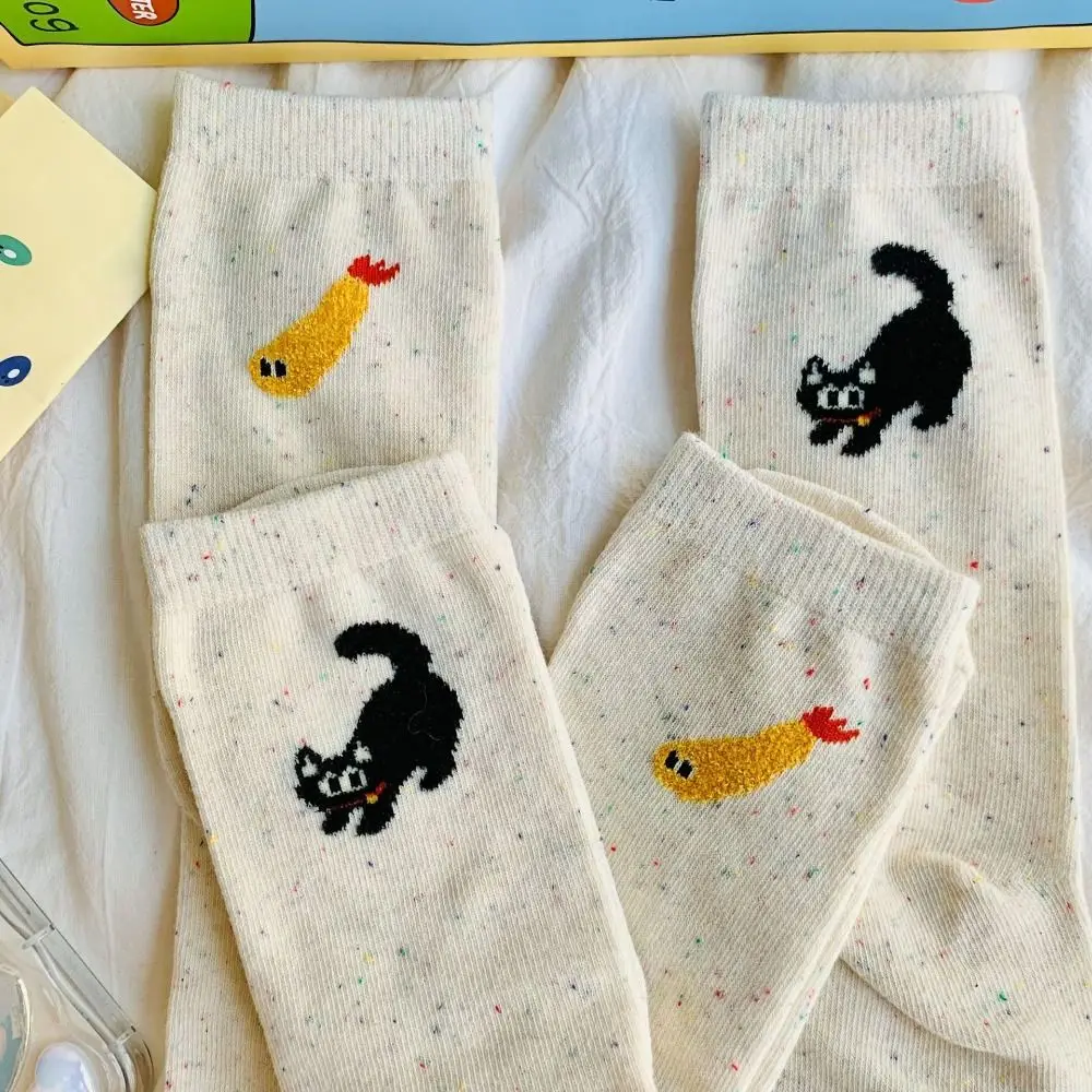 New Breathable Cartoon Socks Harajuku Street Cotton Fish Embroidery Socks Cat Pattern Asymmetric Mid Tube Socks