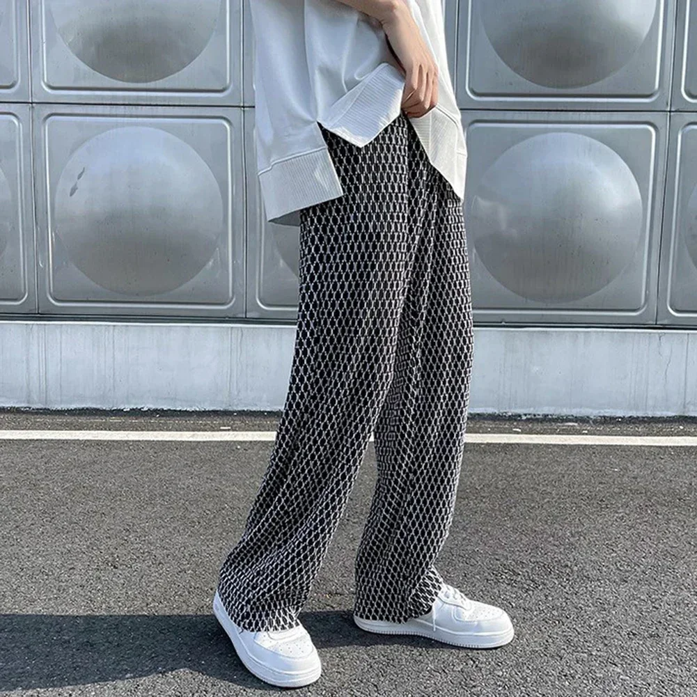 Mens Summer Thin Hip-hop Ice Silk Plaid Loose Wide Leg Pleated Pants Fashion Y2k Streetwear Drape Fashion Men's Cropped Pants