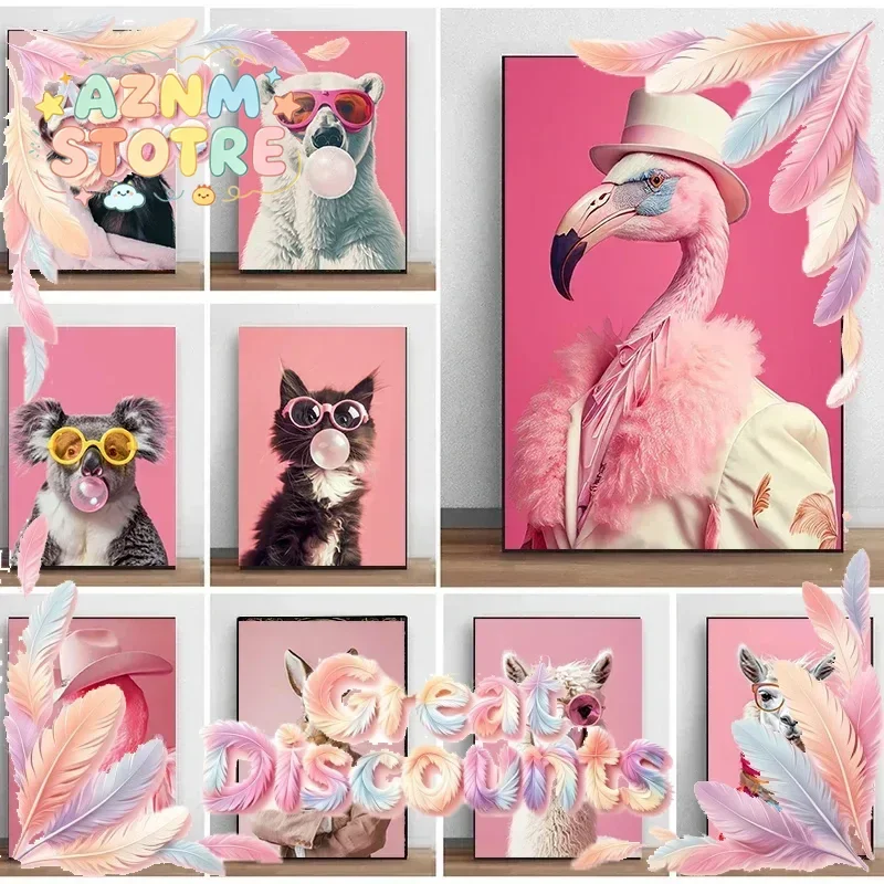 Pink Funny Cute Animal Bubble Party Disco Posters Kitten Llama Koala Prints Canvas Printing Wall Art Picture for Room Home De