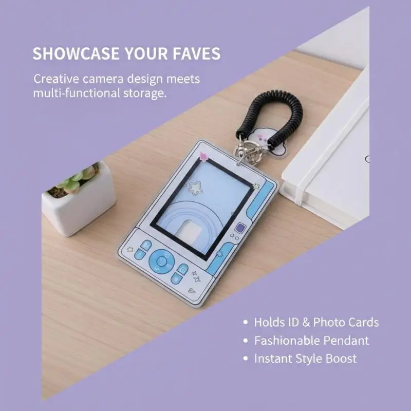 Cute Camera Shaped Acrylic Photo Card Holder with Coil Lanyard Clear Window Dustproof for Idol Card Bank Card Storage