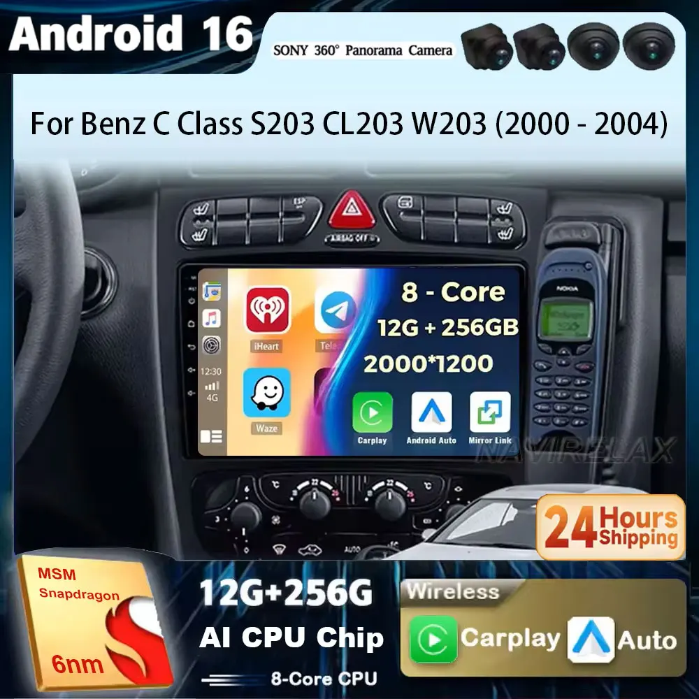 For Mercedes Benz C Class S203 CL203 W203 2000 - 2004 Android 16 Carplay Auto Car Radio Multimedia Video Player Navigation GPS