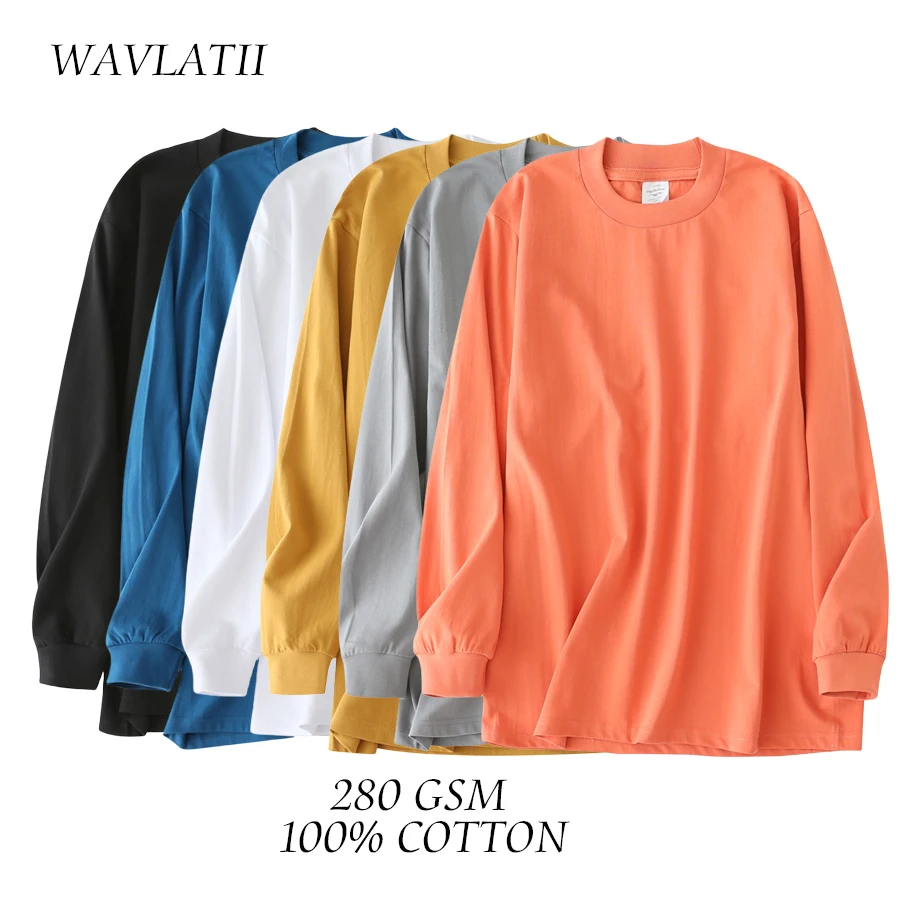 WAVLATII New Women 260GSM Long Sleeve T shirts Female Orange Blue 100% Cotton Casual Thick Tees Tops for Spring Autumn WLT2329