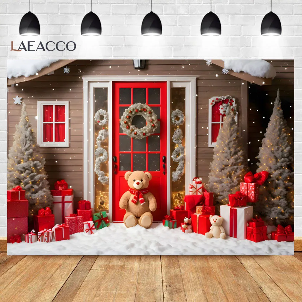 Merry Christmas Photography Background Window Red Curtain Fireplace Xmas Tree Gift Teddy Bear Wood Floor Baby Portrait Backdrop