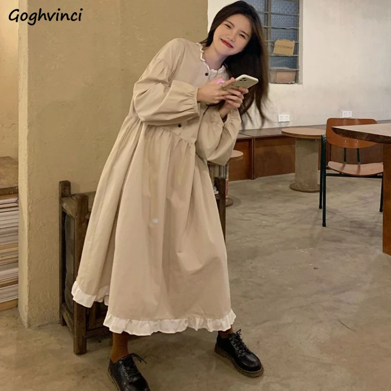 

Long Sleeve Dresses Women Sweet Ruffles Young Spring College Midi Dress Loose Korean Chic Temper Gentle Vestido Longo Feminino