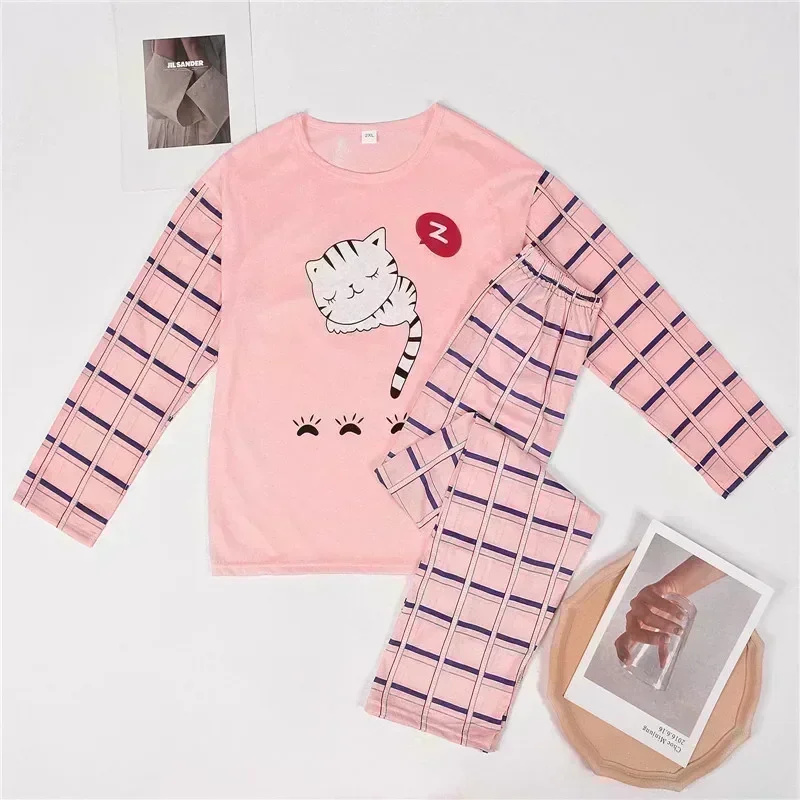 Cartoon Cotton Pajamas Women\'s Spring and Autumn Models Long-sleeved Home Service Women\'s Simple Loose Casual Suit Large Size