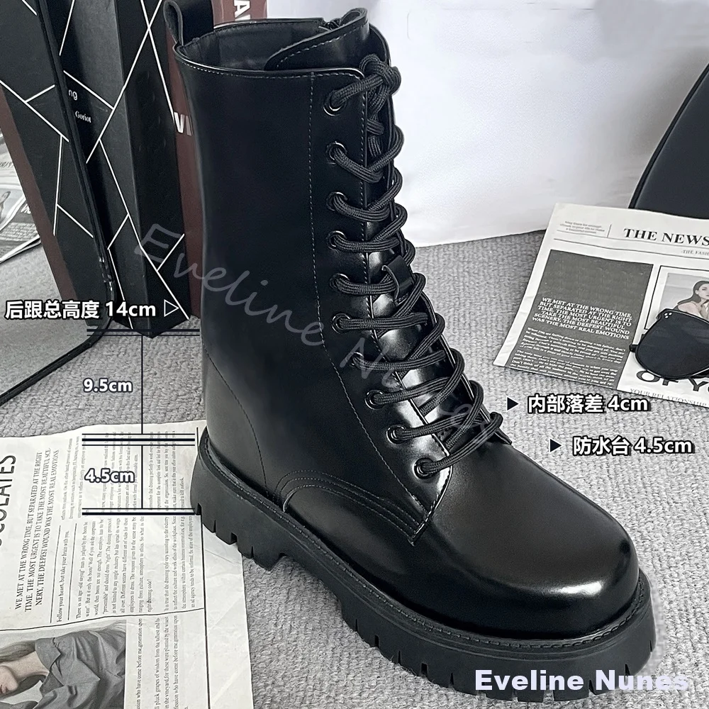 Unisex White Platform Cosplay Elevated Shoes 14CM Hidden Height Increasing Lace Up Anime Stage Performance Costume Mid Calf Boot