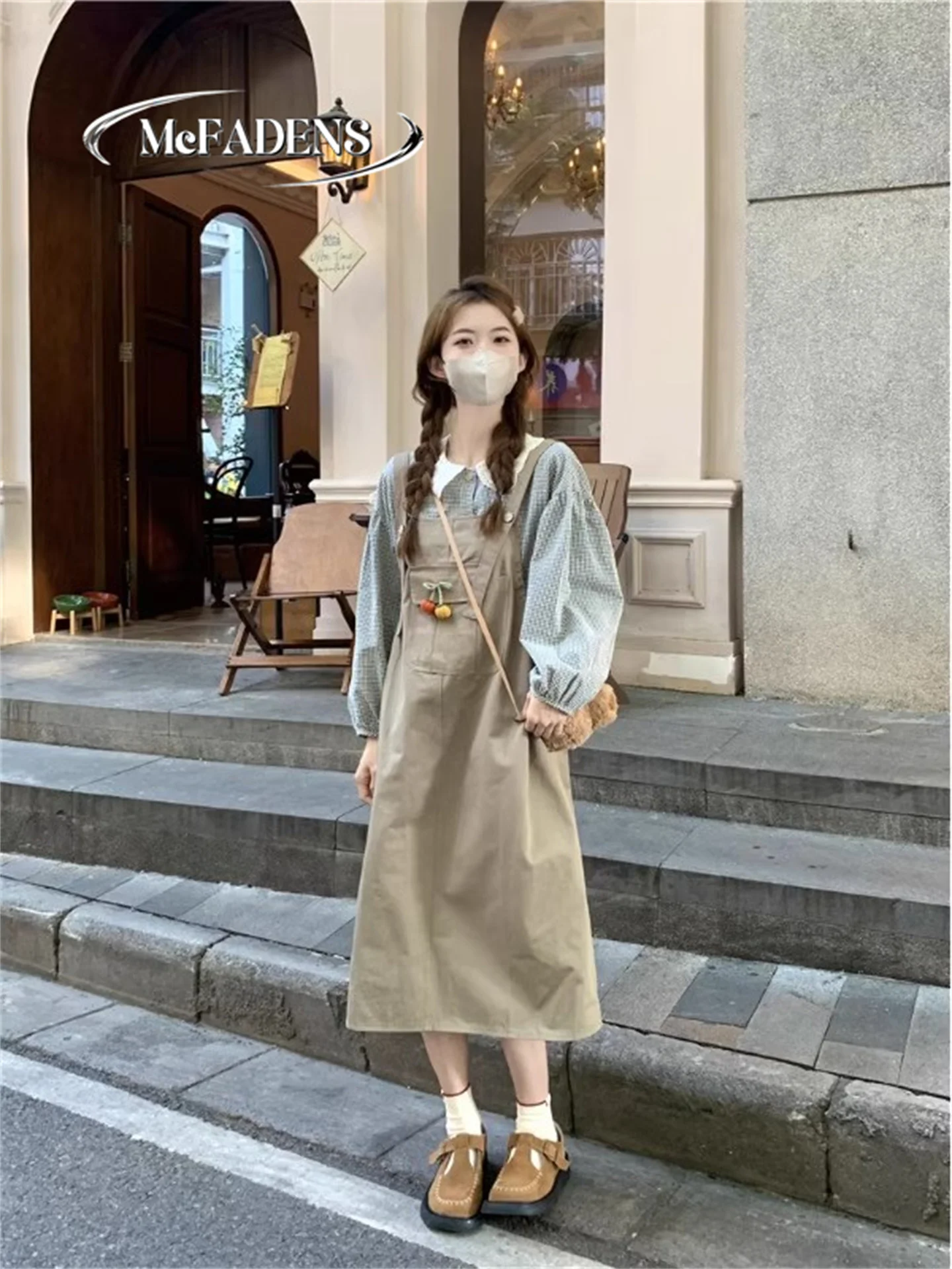 

Large Size Outfit Set with Drawstring Overalls Doll Collar Long Sleeve Shirt Two Piece Set Autumn Design Hong Kong College Style