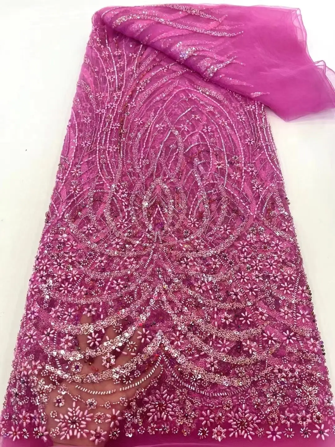 

African Luxury Beaded Tulle Lace Fabric French SYJ-13088014 Sequins Embroidery Lace Fabric For Party Dress