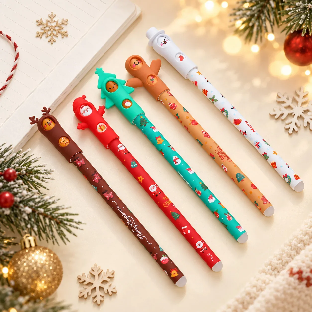 Christmas Rotate Face Pen Christmas Snowman Tree Xmas Style Erasable Gel Pen with 5 Colors Ink Lovely Pens for School Party Gift