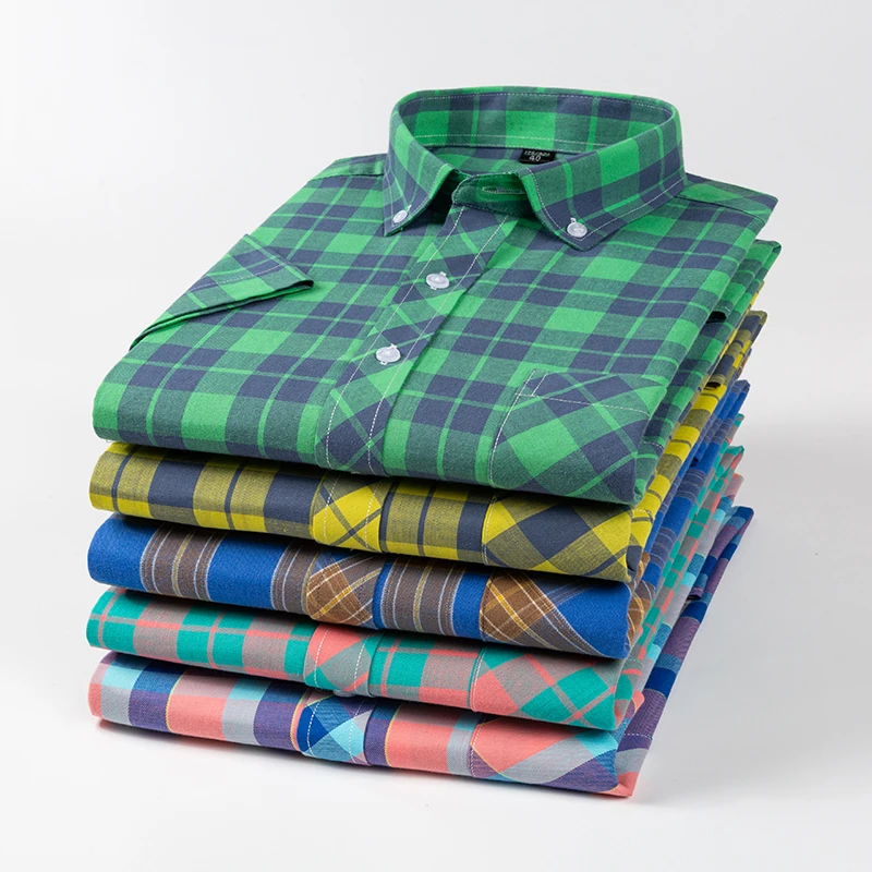 Fashion korean popular clothes 100%cotton short sleeve shirts for men slim fit casual plain shirt thin plaid hawaiian soft tops