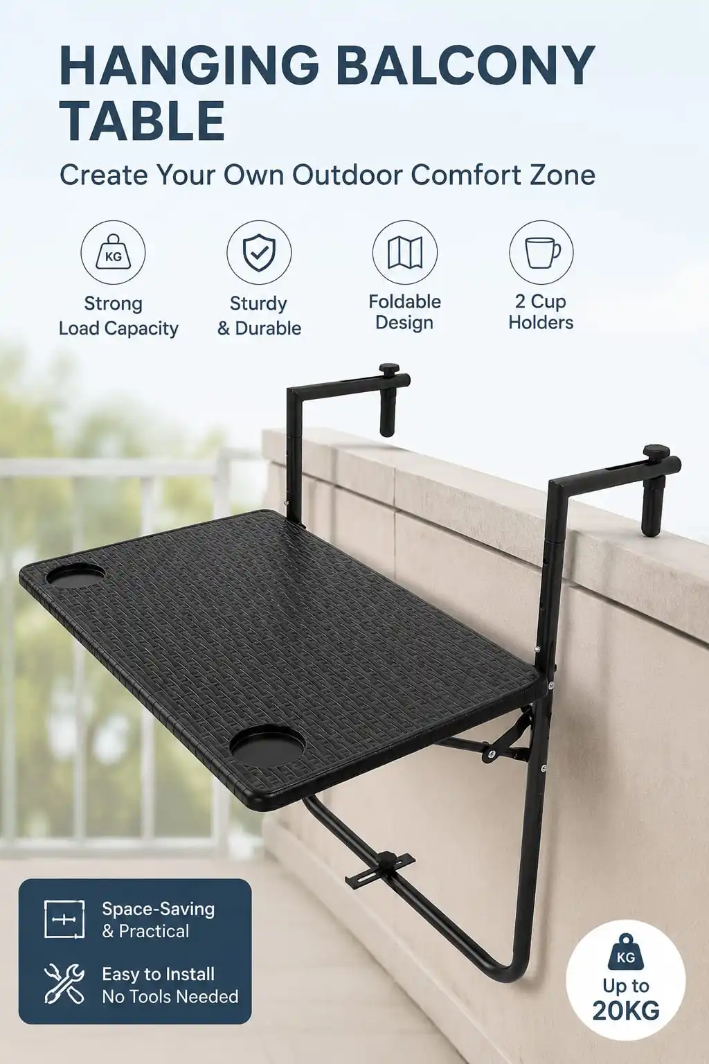 Foldable Wrought Iron Balcony Table with Rust-Resistant Coating and Adjustable Height