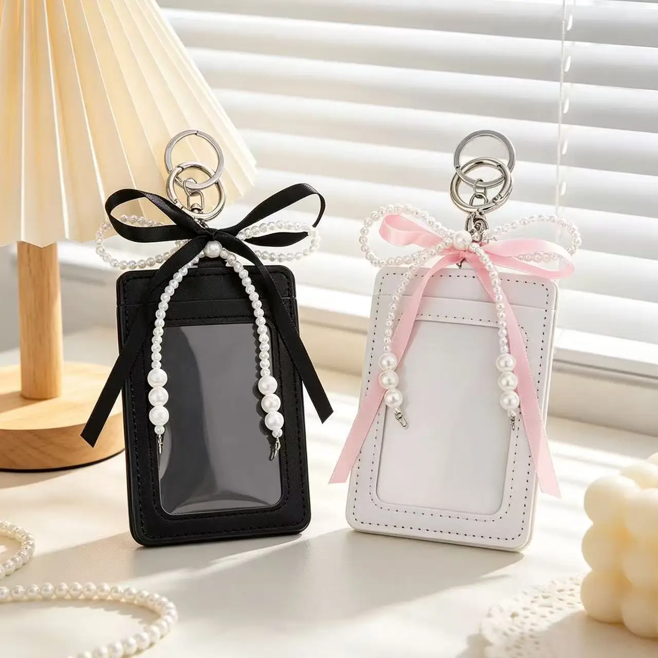 Kpop Korean Idol Photocard Holder Anti Scratch Protector Pixiv Badge Image Case Backpack Cream Cute Decor Pearl Bow Stylish INS