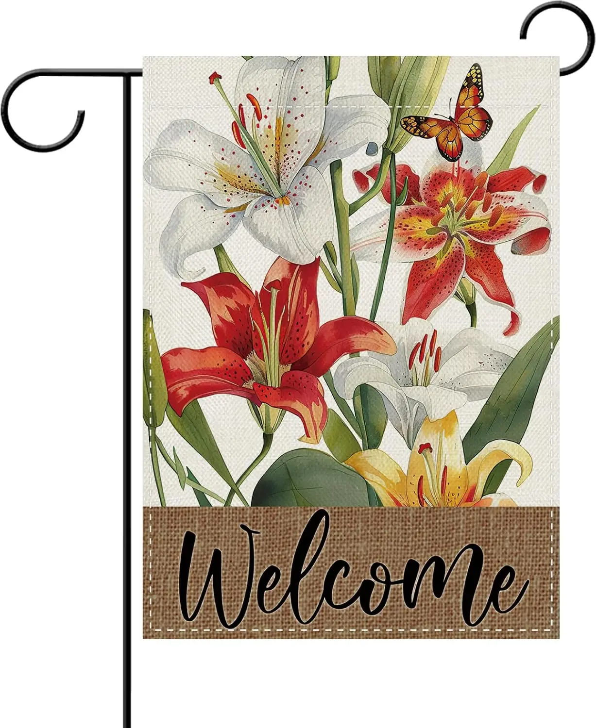 Dyrenson Welcome Spring Summer Lily Flower Decorative Garden Flag, Rustic Floral Butterfly Botanical Yard Outside Home Decor PPM