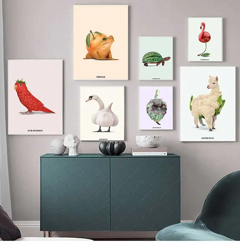 Funny Fruit Animal Poster, Kitchen Canvas Painting, Garlic, Goose,Cauliflower, Sheep Wall Picture, Living Room Decor