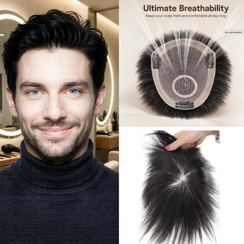 Breathable Men Hair Replacement Hand-Woven Lace PU Base with Clips Real Human Hair 16x18cm Graduated Crown