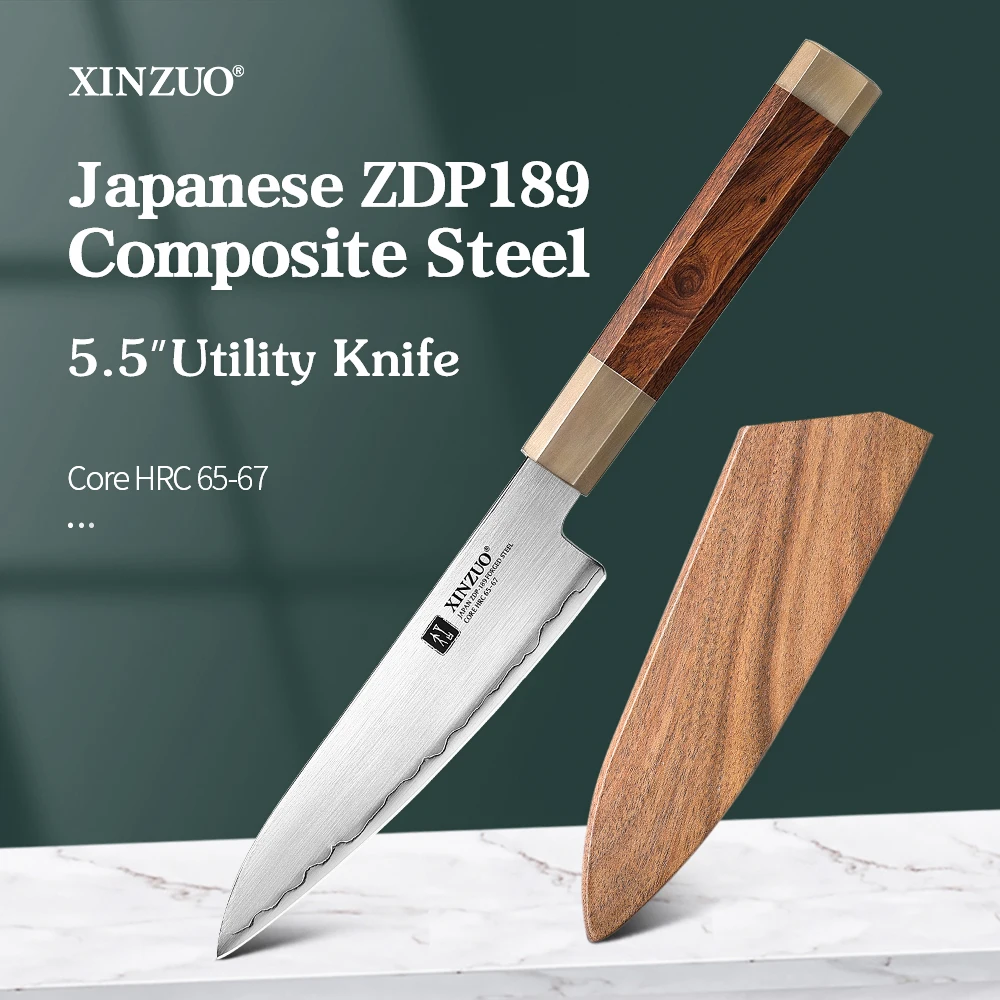 XINZUO 5.5\'\'Inches Utility Knife Small Kitchen Knife Powder Steel Core Stainless Steel Easy Carry Paulownia Wood Gift Box