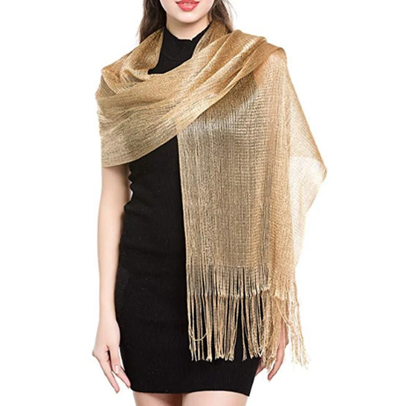 Metallic Silk Scarf Bridal Evening Gown Accessory For Women Wedding Party Prom Bridal Shawl Gold Silver Thread​