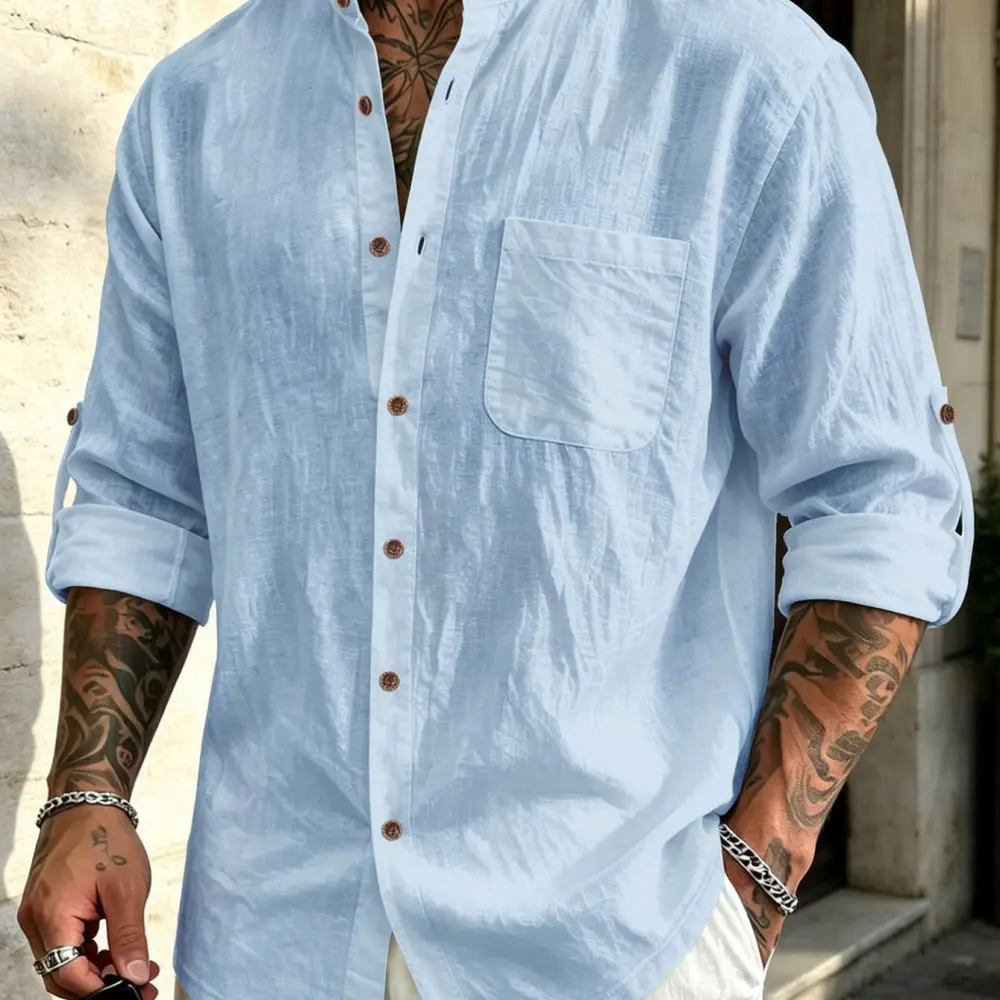 Casual Linen Mens Shirt Long Sleeve Henley Neck Breathable Summer Beach Top Fashion Style Loose Fit Urban Apparel