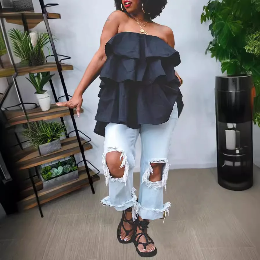 

Women's Layered Strapless Blouse Tops Elegant Vintage Casual Solid Sweet Tierred Shirt Summer American Retro Bustier Top