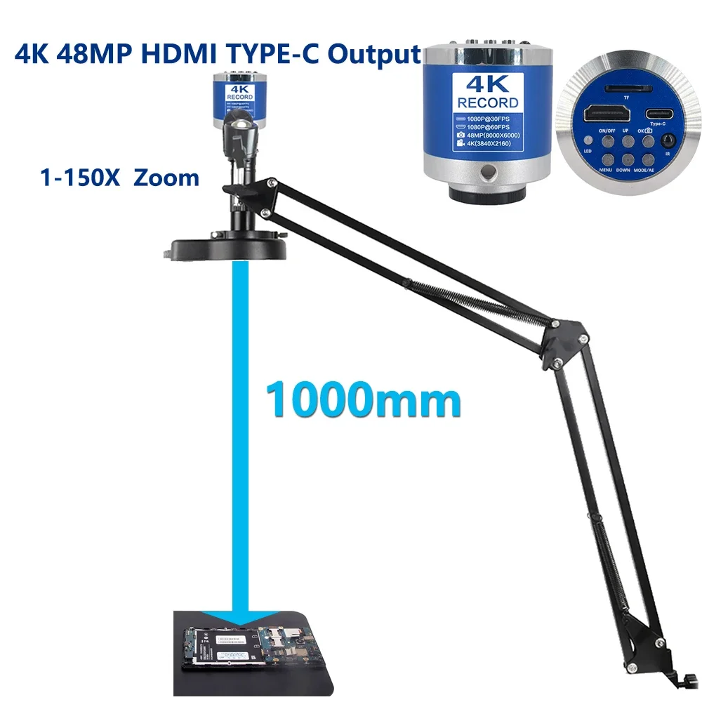 Full HD 4K 48MP HDMI TYPE-C Digital Industrial Microscope 150X Adjustable Zoom Lens Microscope Set For Soldering Enlarge Repair